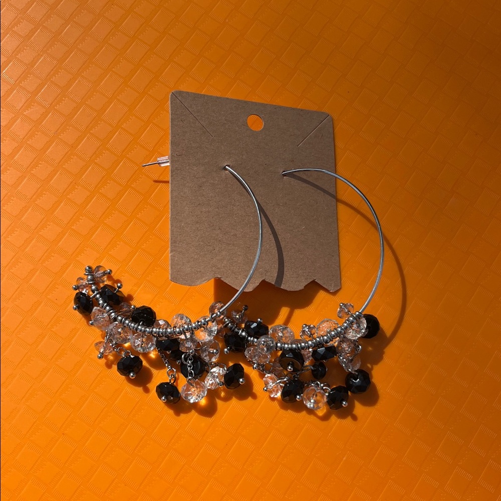 Black and Silver Beaded Hoop Earrings